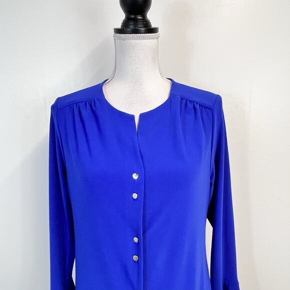 Susan Graver Button Up Blouse Top size Small Royal Blue Stretch Career Church - Picture 2 of 8